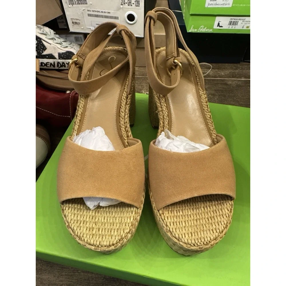 New Womens Sam Edelman Immie Ankle Strap Sand Suede Heeled Sandals Size 10 M